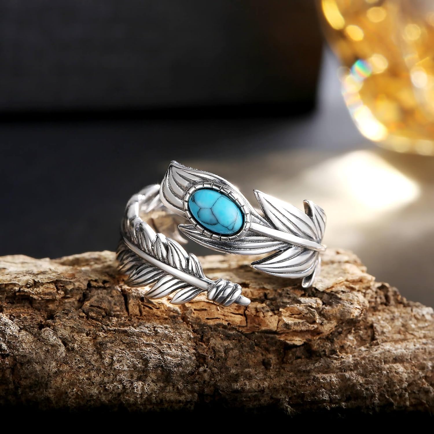 Sterling Silver Turquoise Feather Ring: Vintage Wide Western Lapis Lazuli Boho Thumb Rings Jewelry Gifts for Women - Image 4