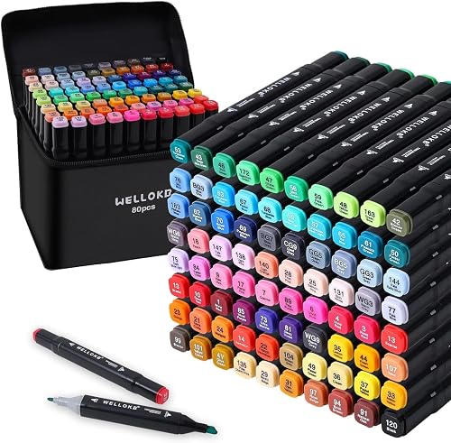 WELLOKB Alcohol Markers, 80 Colors Dual Brush Tip Permanent Art