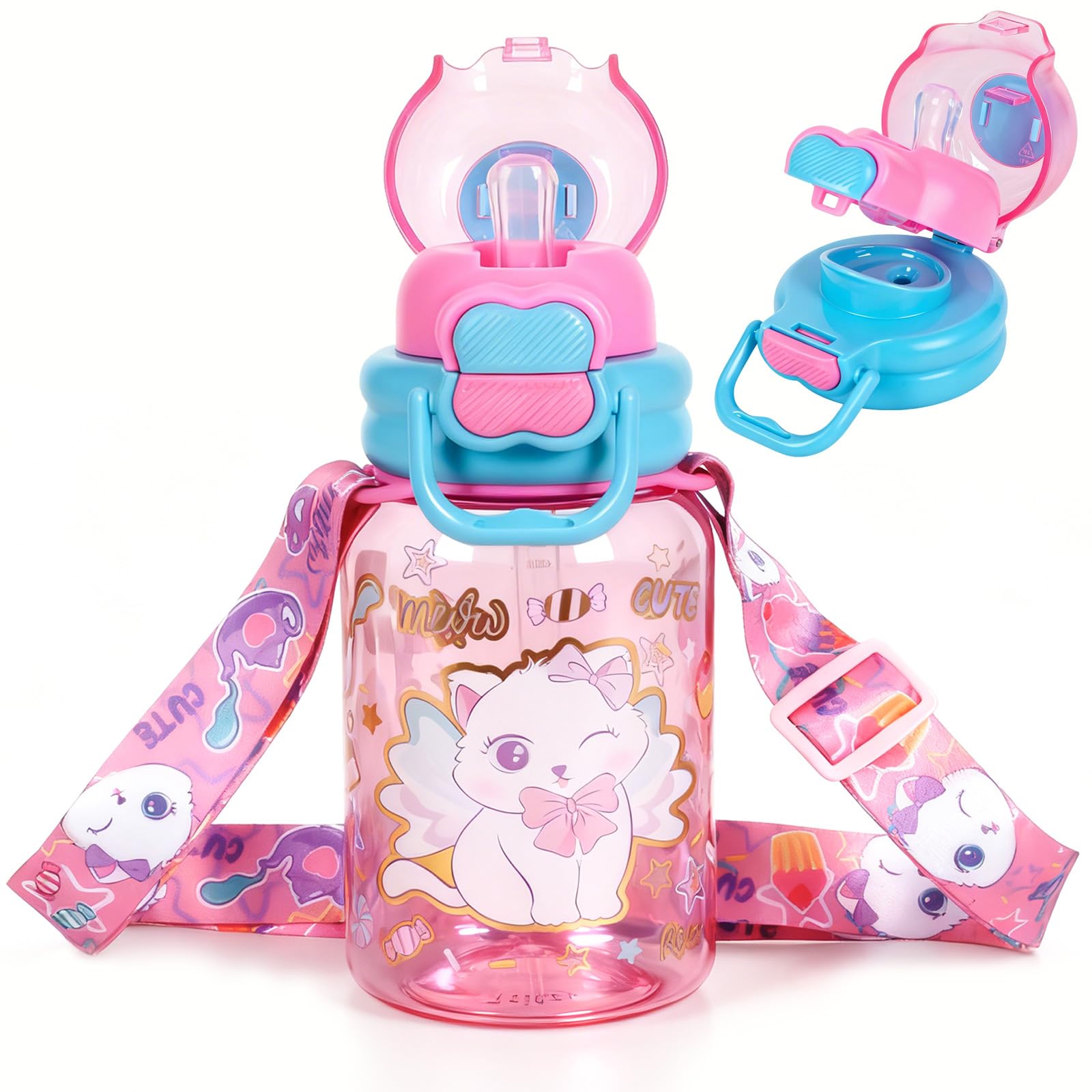 PinkSheep Kids Water Bottle with Lanyard, 600ml Double Drinking Spouts with Straw & Drinking Directly, BPA Free Leak-Proof Locking Flip Lid Bottle for Kids Girls Boys School Sport Travel (Cat A)