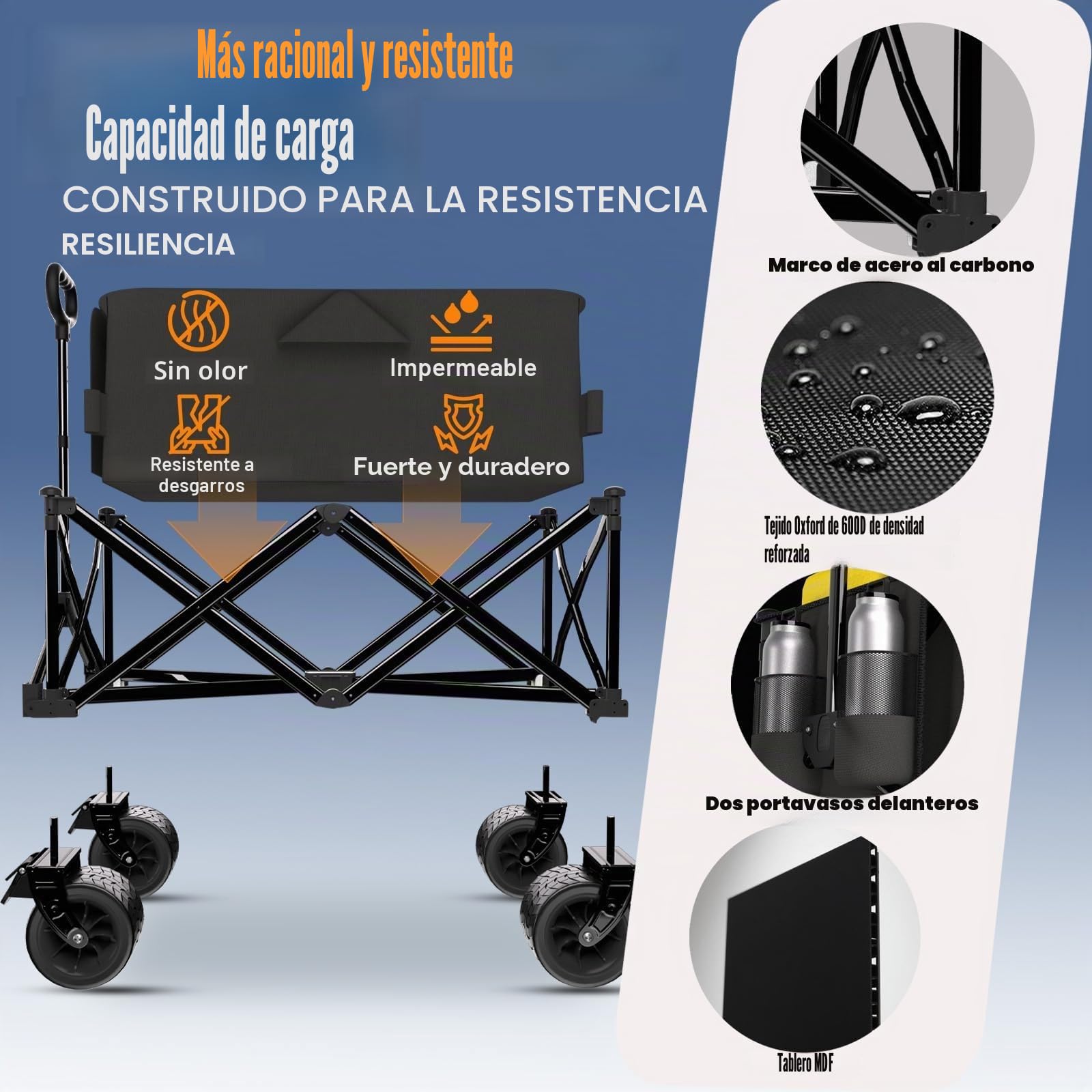 Carro Playa Plegable con Ruedas Grandes, Carrito Playa Plegable Asa Ajustables, Carro Transporte Playa ara Jardín Camping