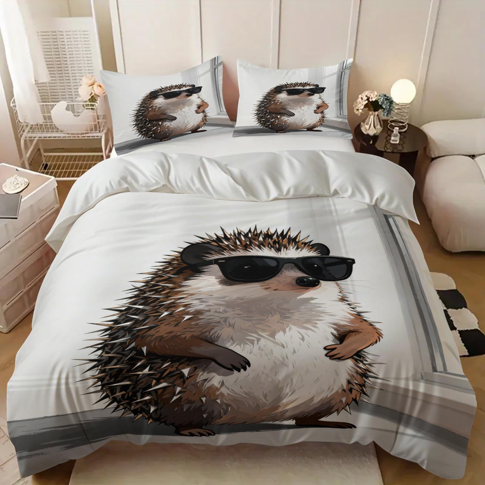 Hedgehog single duvet cover set, Cartoon Animal duvet cover - Soft Microfibre Polyester - Hedgehog Wearing Sunglasses Bedding Quilt Set, Humorous Style 135 x 200 cm Cover with Pillow cases