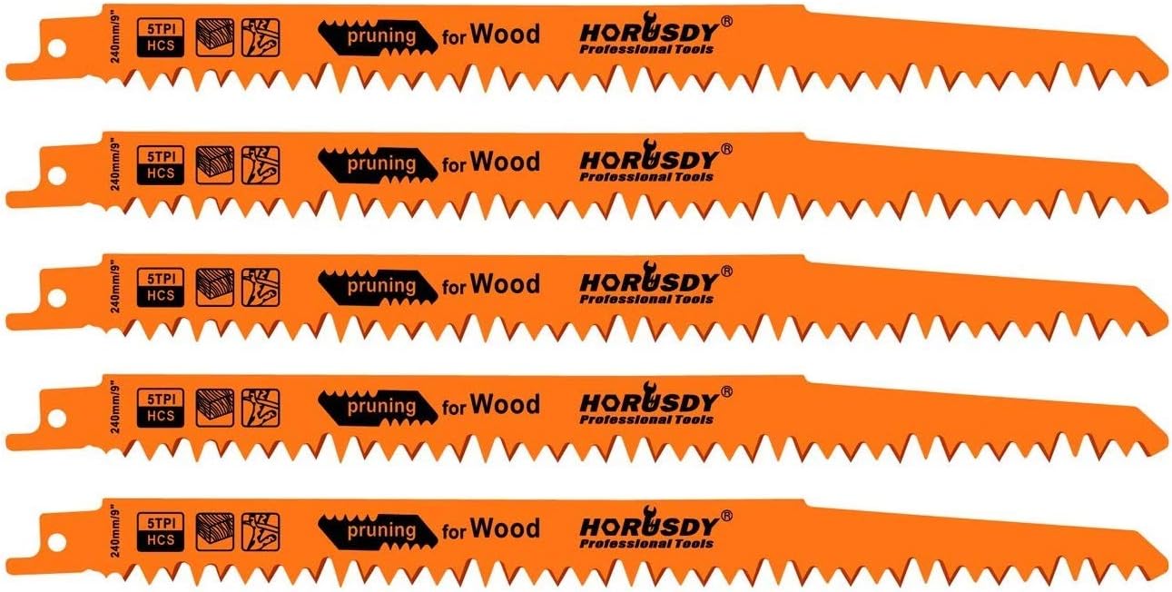 5-Pack 9-Inch Wood Pruning Reciprocating Saw Blades, 5TPI HCS Carbon Steel Sawzall Blades for Fast Cutting Green Wood, Branches & Plastic - Includes Storage Case