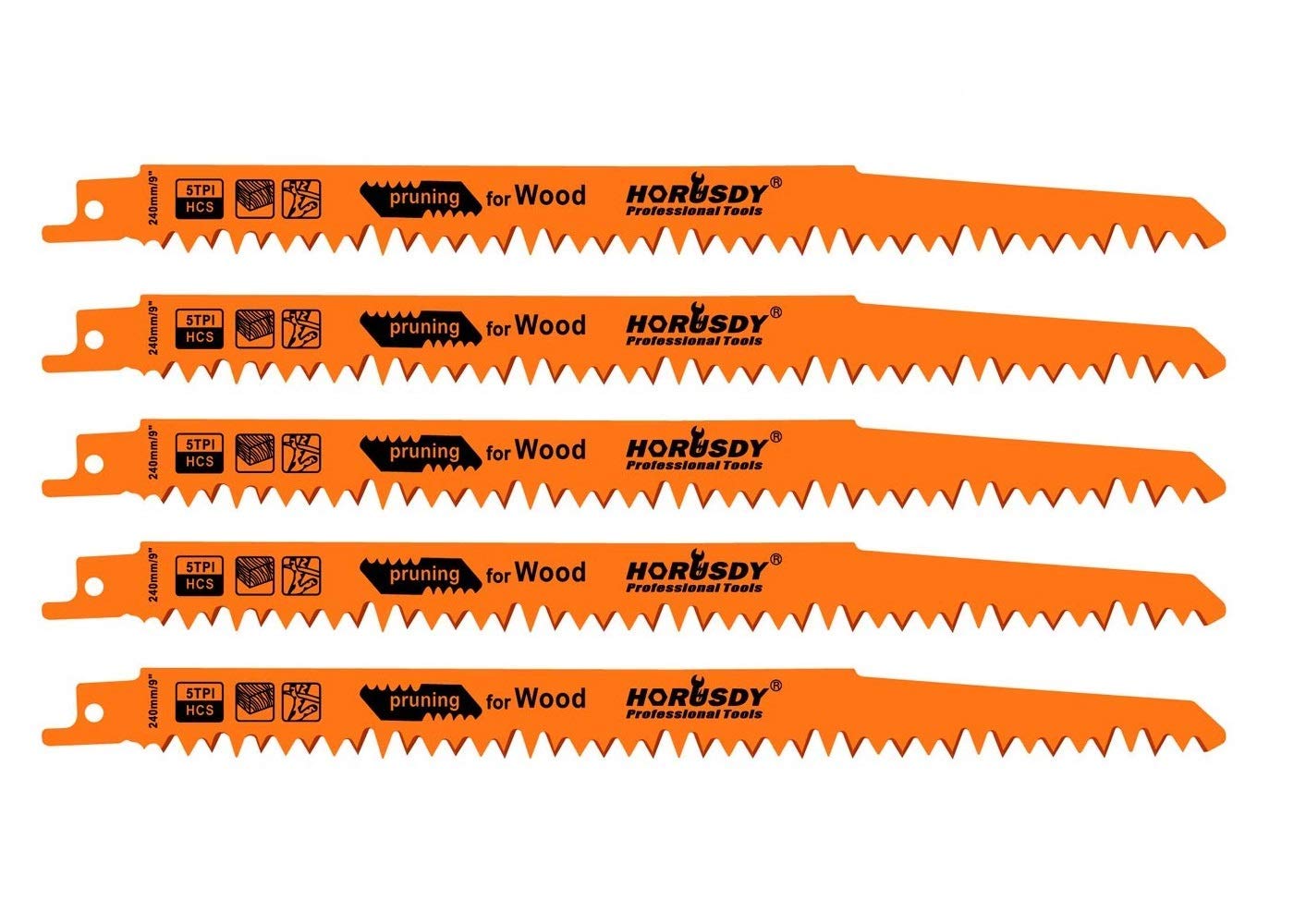 5-Pack 9-Inch Wood Pruning Reciprocating Saw Blades, 5TPI HCS Carbon Steel Sawzall Blades for Fast Cutting Green Wood, Branches & Plastic - Includes Storage Case