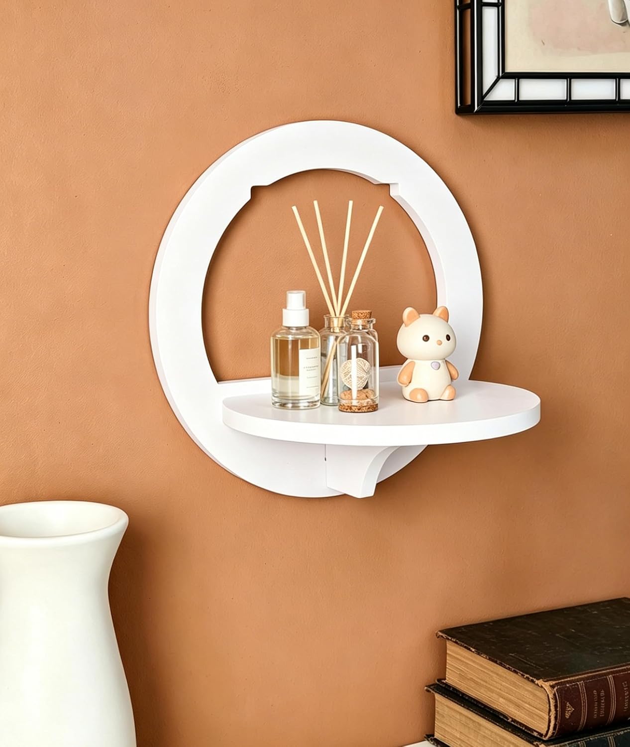 Floating Wall Shelves, 2 Pack Small White Floating Shelves for Wall, No Drill Wall Mount Shelves for Bedroom, Living Room, Bathroom, PVC Wall Shelves for Plant, Picture Frame, Decor (Round)