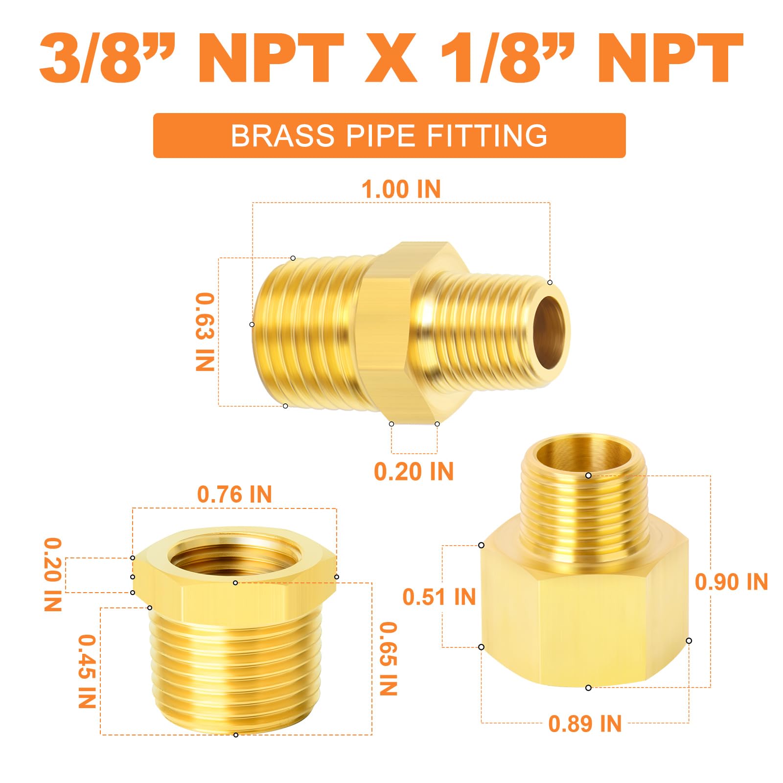 1/4 NPT Brass Pipe Fitting Hex Bushing, Reducer Adapter, Hex Nipple, 90 - View #6
