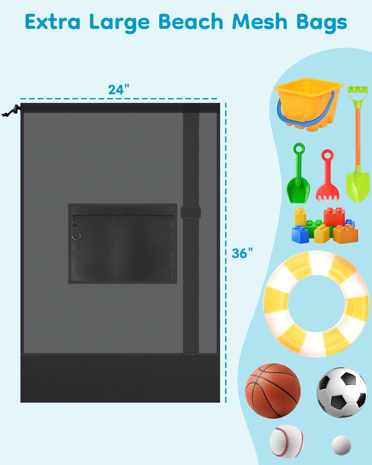 Large Mesh Beach Bag Drawstring Toys Bag, Swim Pool Toys Balls Storage Bags Gym backpack, Beach Toy Shells Organizer
