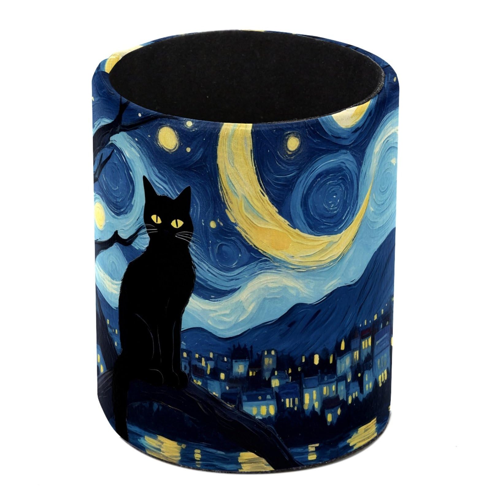 FWJZDSP Black Cat Starry PU Leather Pencil Organizer, Makeup Brush Holder, Office Decor and Desk Accessories Durable