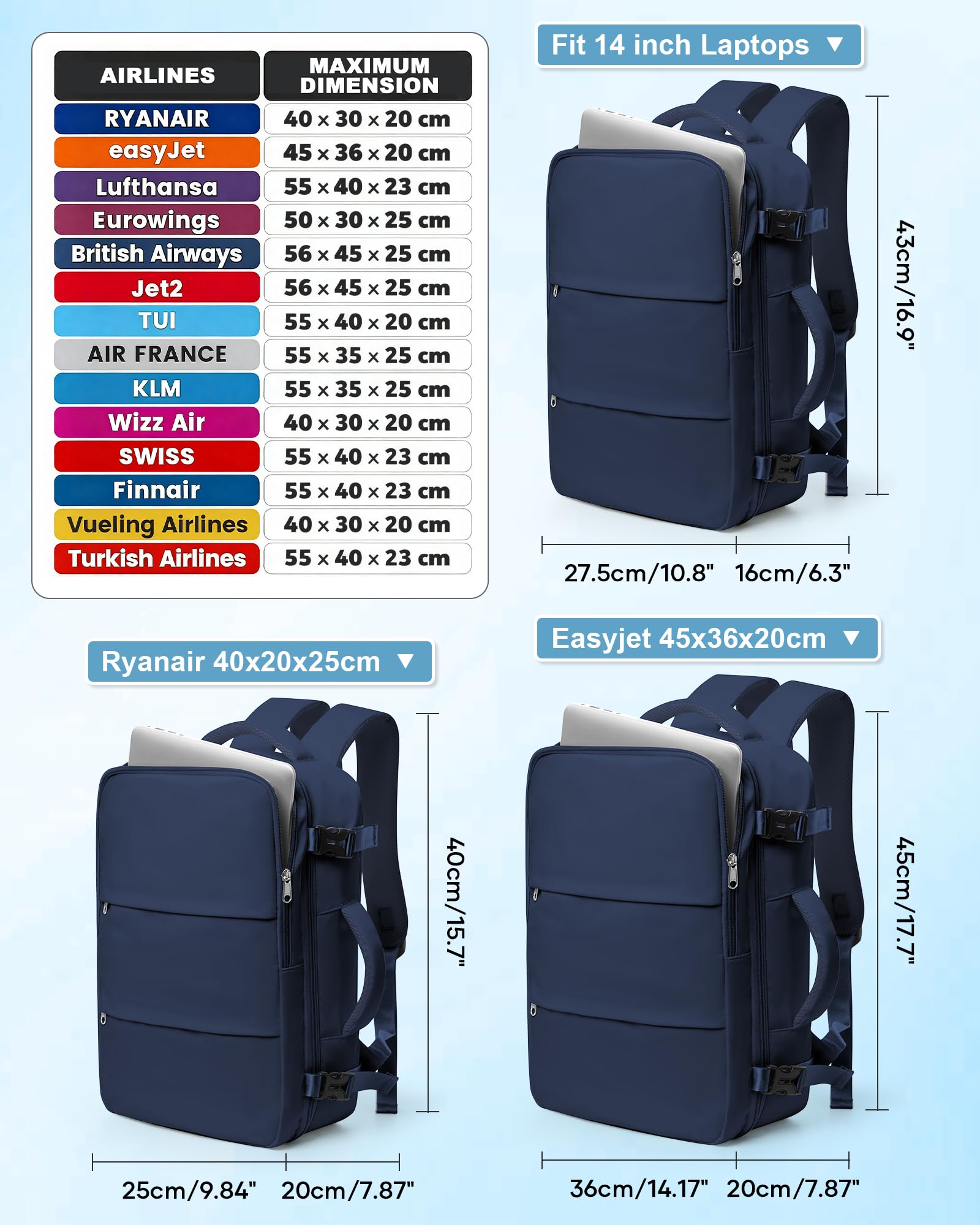 SZLX Zaino Ryanair 40x30x20 Sottovuoto Zaino da Viaggio 40x20x25 Bagaglio a Mano 40x30x20 Wizzair Donna Uomo Borsa da Cabina per Easyjet 45x36x20 Adatto a Laptop da 14 Pollici Impermeabile per Lavoro