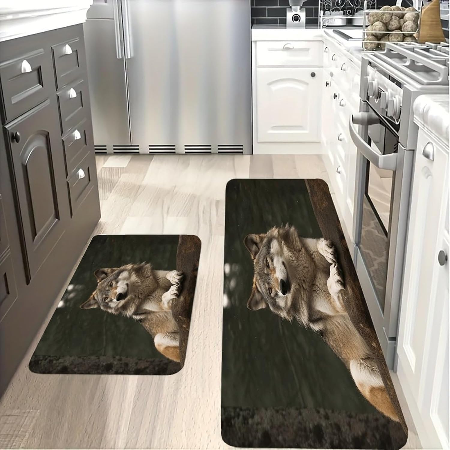 Gray Wolf Kitchen Mats with 2PCS Non-Slip Washable,Kitchen Rug Heavy Duty Durable, Floor Mats for Kitchen,Office,Sink,Laundry