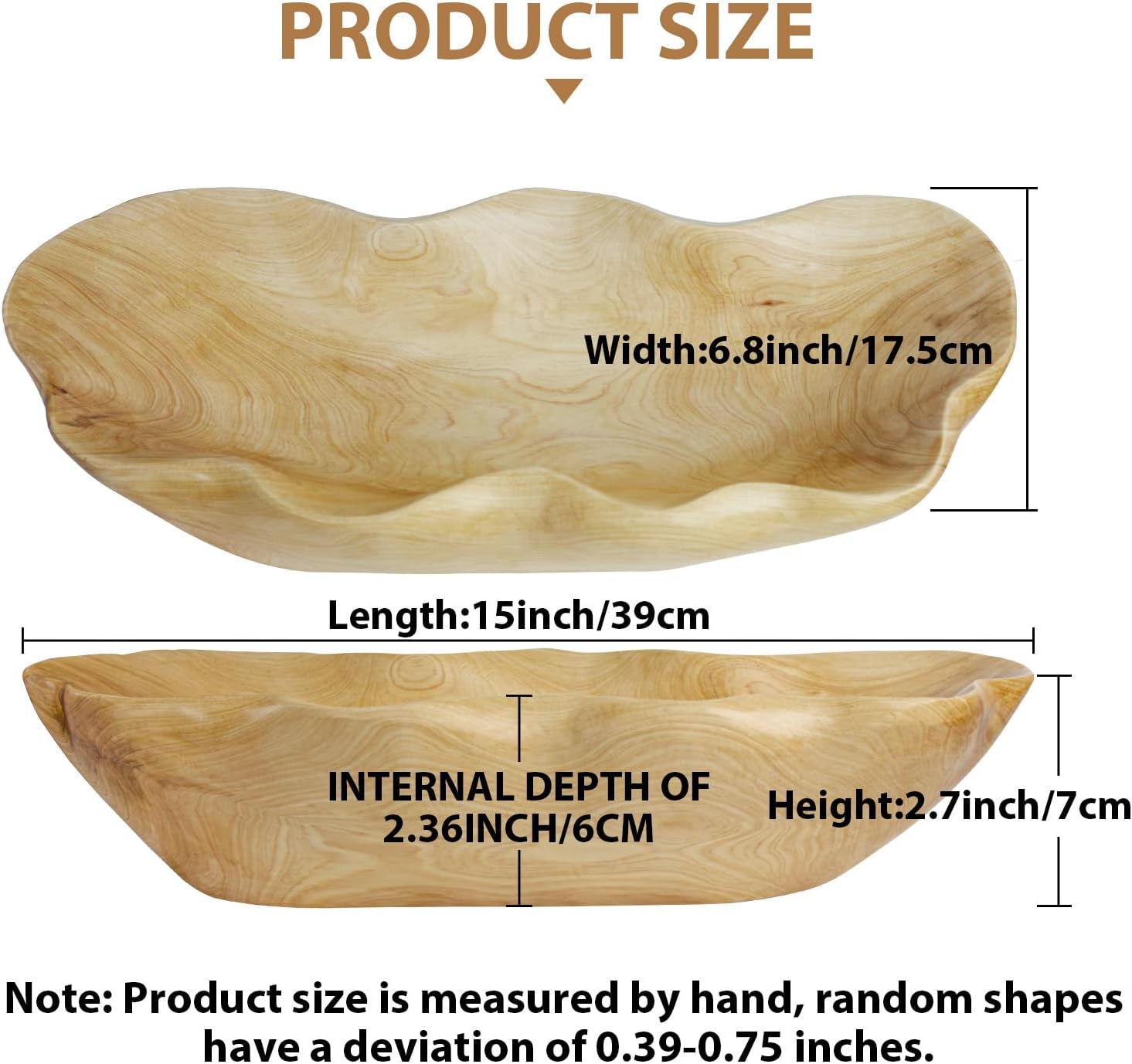 Wooden Fruit Bowl Handcrafted Wood - Natural Fruit Basket for Kitchen Counter Display, Decorative Bowl for Apples, Oranges, Pineapples (15 Inch)​