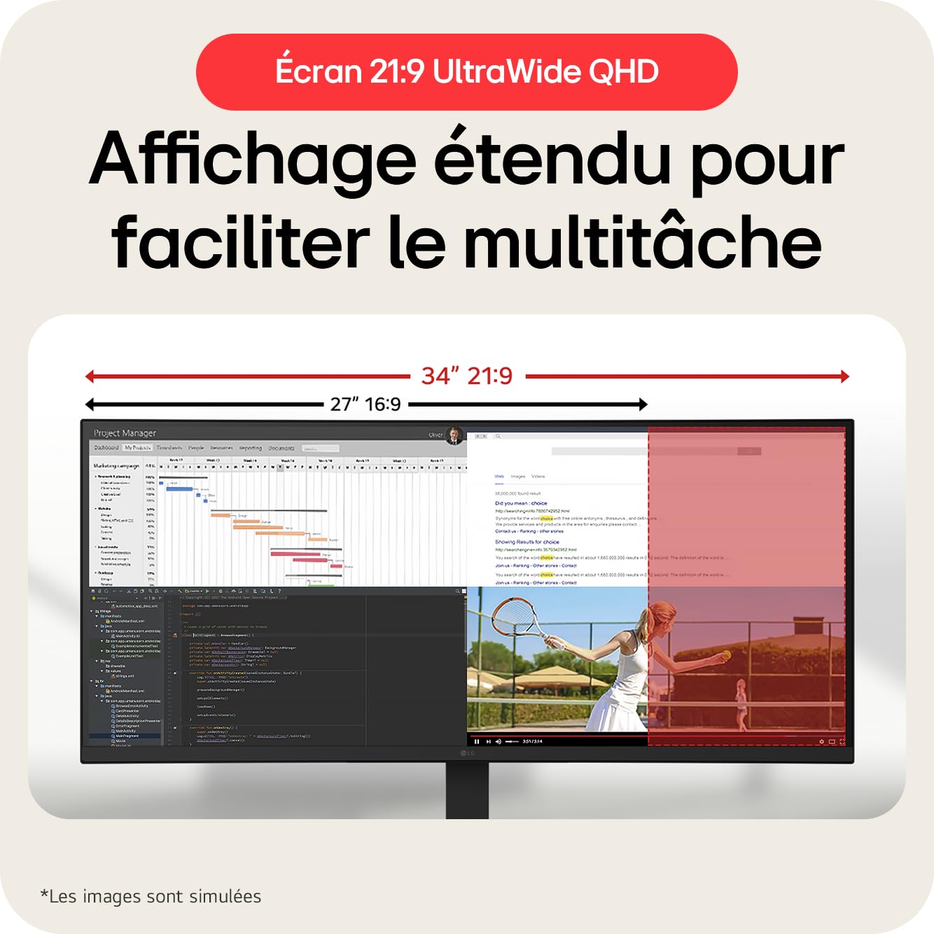 LG UltraWide™ 34U650A-B Ecran PC Ultra Large 34" - Dalle IPS résolution QHD (3440 x 1440), 5ms GtG 100Hz, HDR 10, DCI-P3 99% (CIE1931), PBP, PIP, HDMI, Display Port 1.4