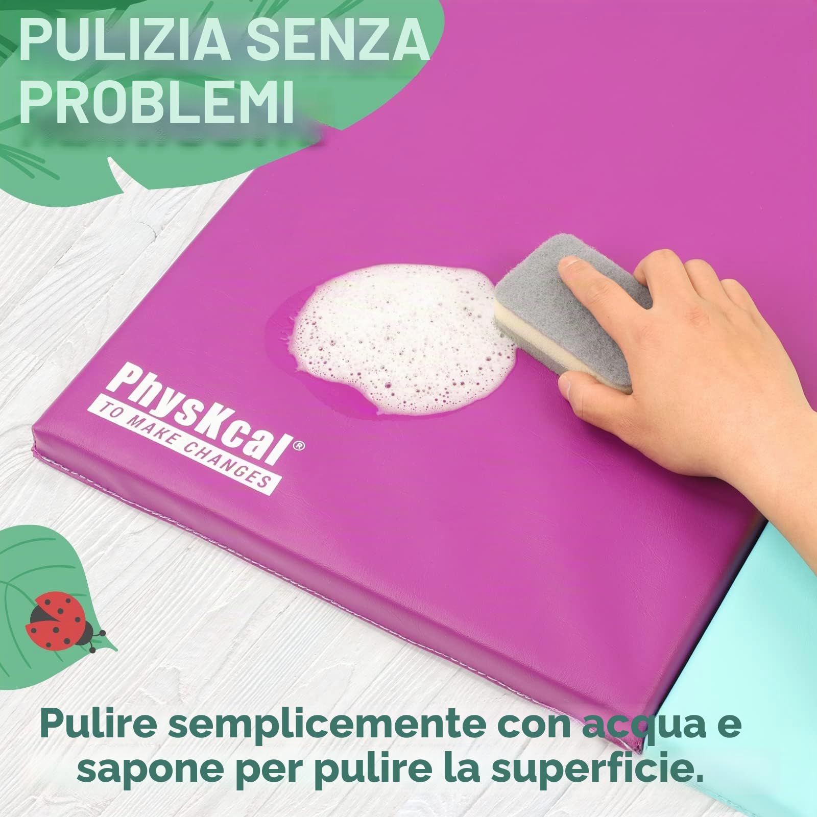 PhysKcal Tappetino ginnastica pieghevole a 5 pannelli con maniglie | Superficie antiscivolo in ecopelle con imbottitura spessa per yoga, pilates, ginnastica e attività ricreative a casa.