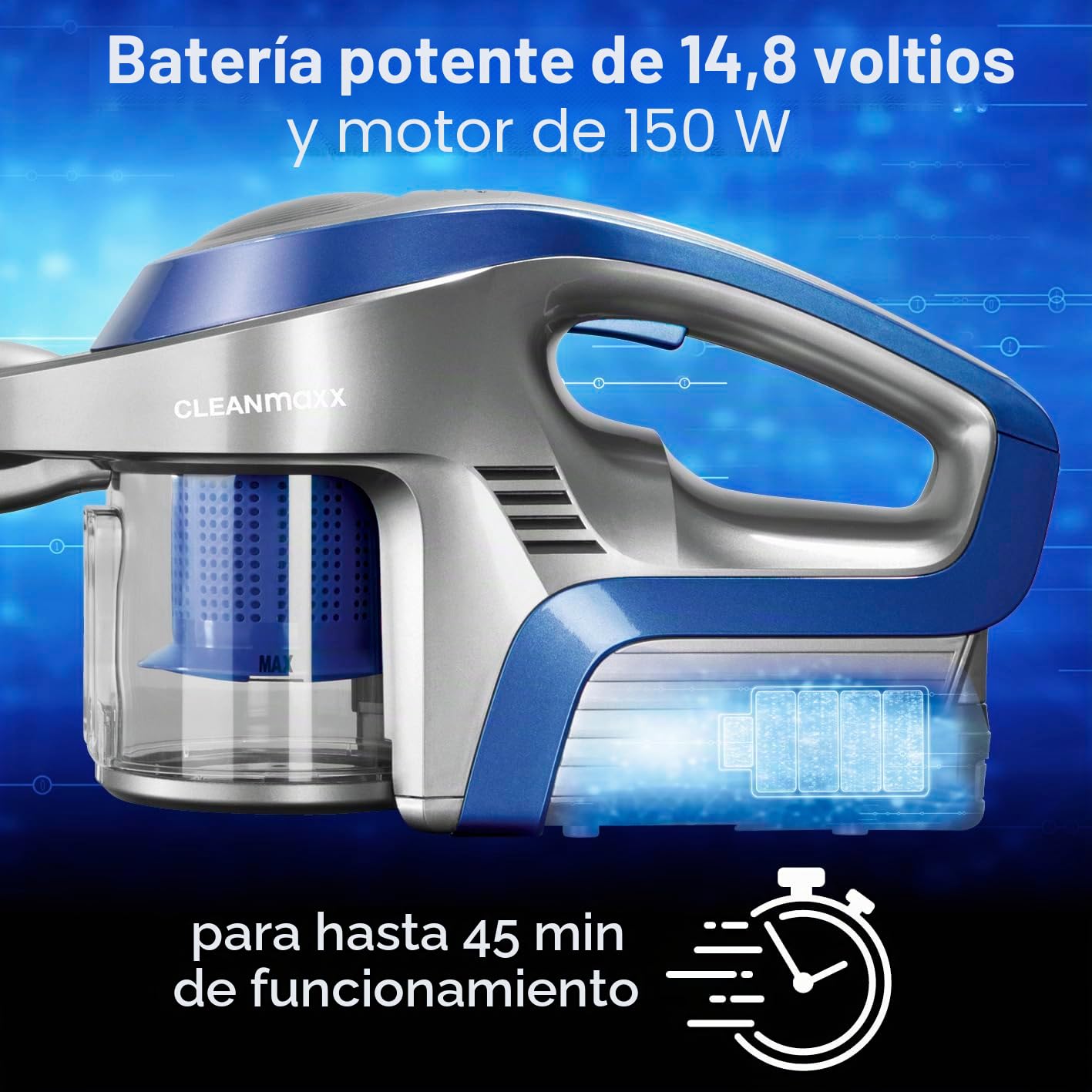 CLEANmaxx Aspiradora ciclónica sin Cable sin Bolsa con batería Recargable | aspiradora de Piso 2 en 1 y aspiradora de Mano, Potente y de bajo Consumo [Azul/Plateado]