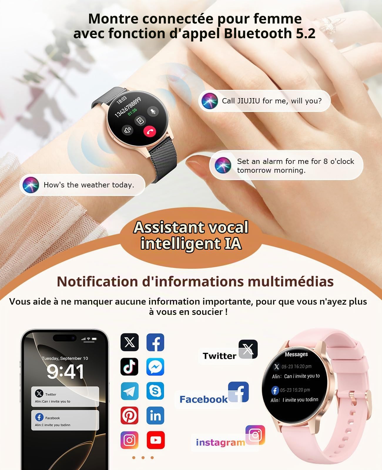 SLOKSFil Montre Connectée Femme, 1.27”HD Écran Entièrement Tactilev Smartwatch avec Appel Bluetooth,24H Fréquence Cardiaque Moniteur Sommeil,100+ Modes Sportifs Compatible pour Android iOS (Or Noir)