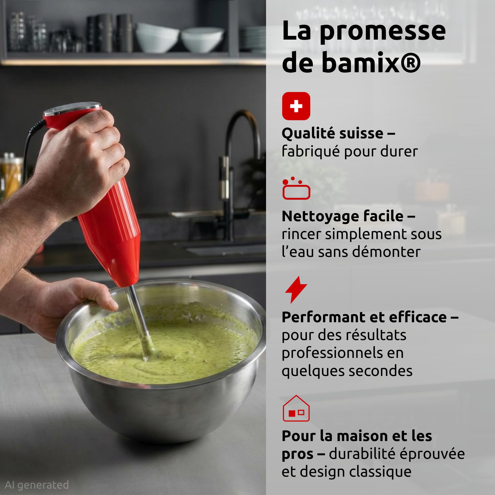 bamix Set mixeur plongeant M350 MAXX avec couteau multifonction, viande et légumes, fouet, batteur en inox, 300 W, 2 vitesses, Fabriqué en Suisse, Rouge/chrome
