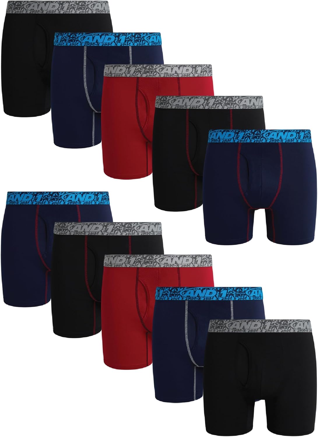 AND1 Mens Boxer Briefs - 10 Pack Stretch Performance Mens Underwear Boxers with Functional Fly Pouch, 6" Inseam (S-3XL)