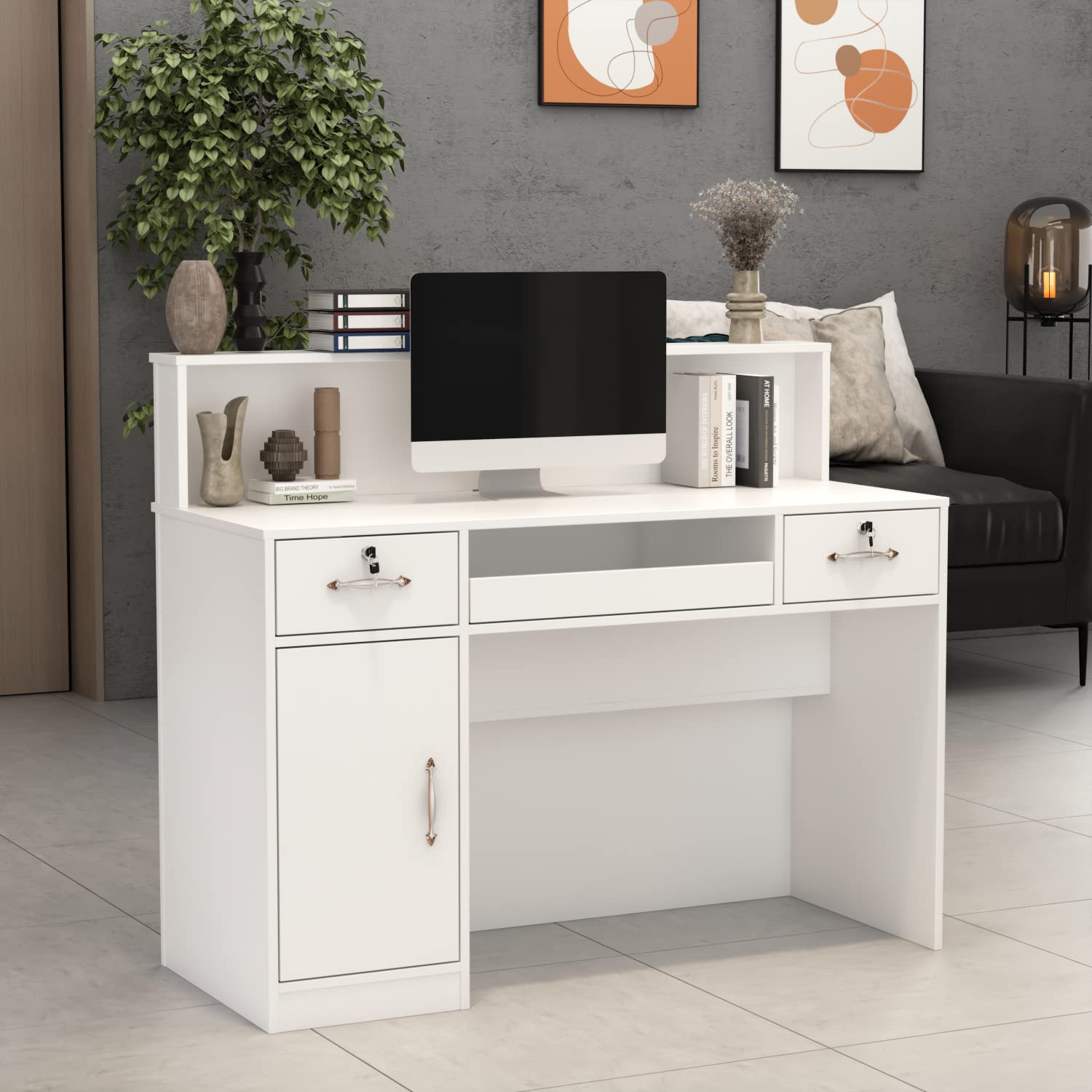Caldion Empfangstheke mit LED-Beleuchtung, Rezeptionstisch mit Schublade und Regalen, Weiß 120x50x100 cm MDF