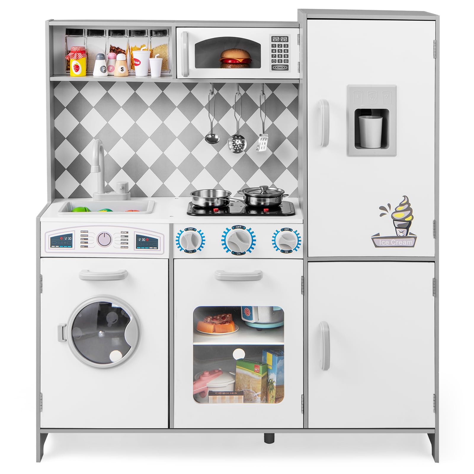 COSTWAY Kids Wooden Kitchen, Pretend Play Kitchen with Light, Sound, Ice Maker, Cooking Stove, Washing Machine, Oven, Microwave & Utensils, Large Children Chef Role Playset for Boys Girls