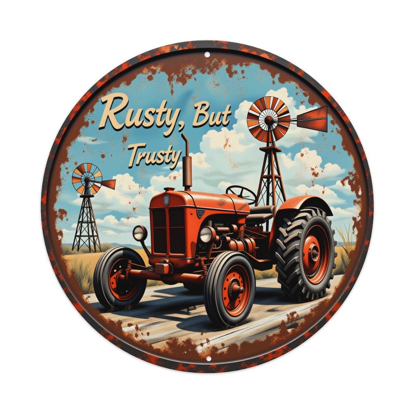 Rusty Tractor Windmill Sky Field Round Sign Wall Decor Poster, Home Bar Garage Cafe Kitchen Wall Art Decoration 12X12Inches