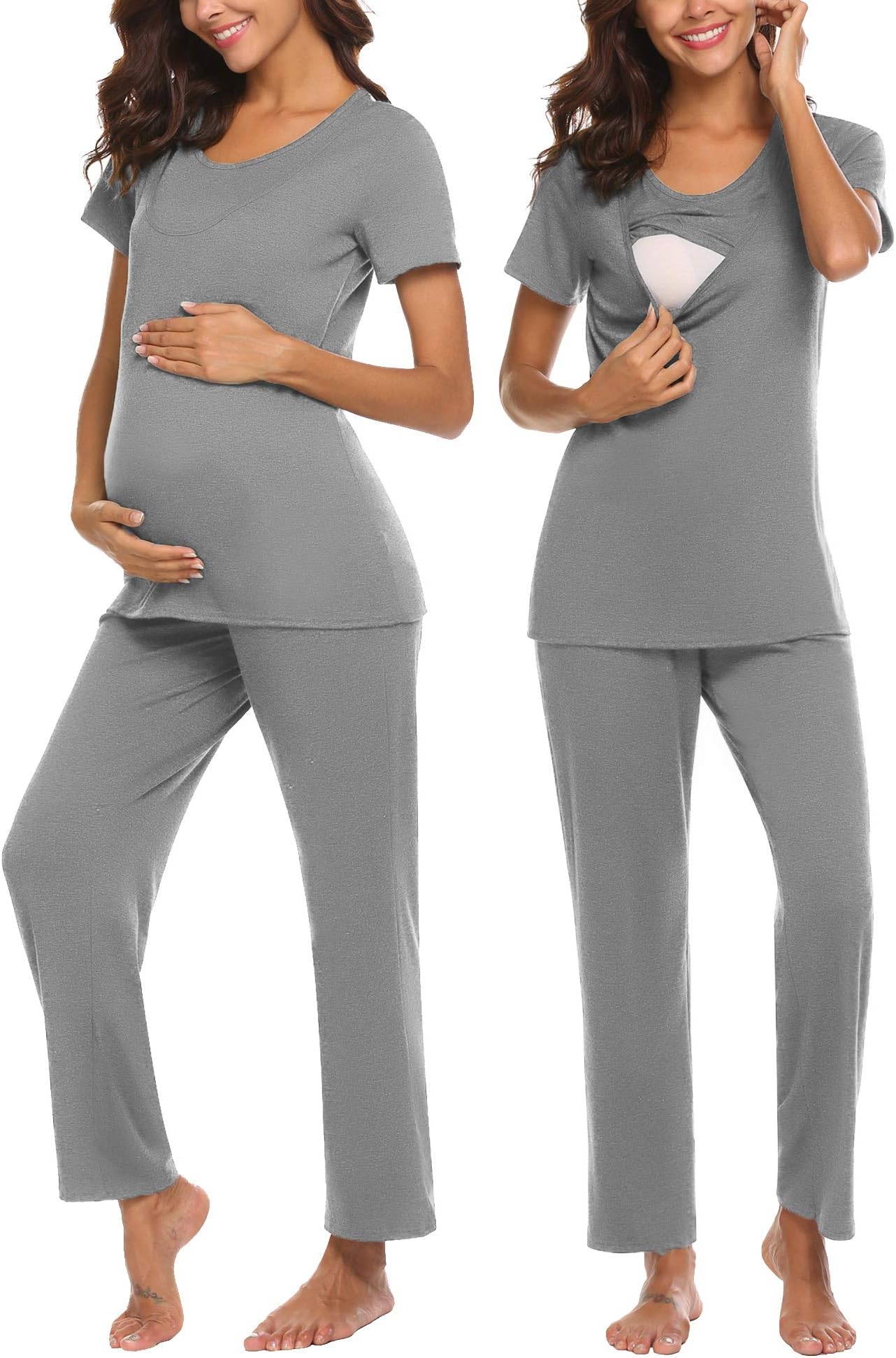 MAXMODA Nursing/Labor/Delivery Maternity Pajamas Set for Home Hospital Wear, Basic Nursing Shirts, Pregnancy Pants