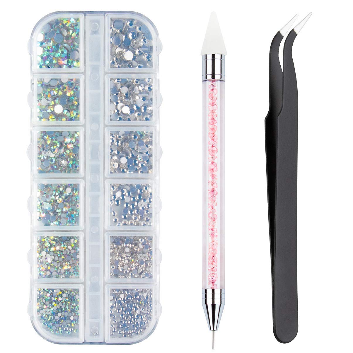 KASTWAVE Crystal AB Nail Art Rhinestones Decorations Nail Stones for Nail Art Supplies and Clear Crystal Rhinestones with Pick Up Tweezer and Rhinestone Picker Dotting Pen, Keep Fresh, Never Darken