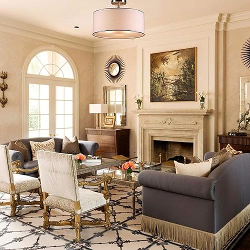 Miniatura 8 de VONLUCE Lámpara de techo de tambor, lámpara de techo de níquel cepillado de 18 pulgadas, lámpara de techo contemporánea de montaje semiempotrado con