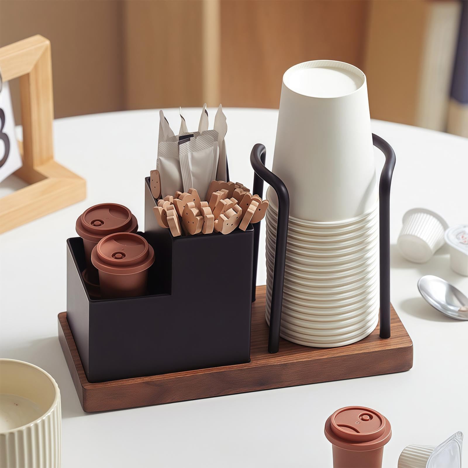 Organizer per tazze da caffè e coperchi con base in legno, 3