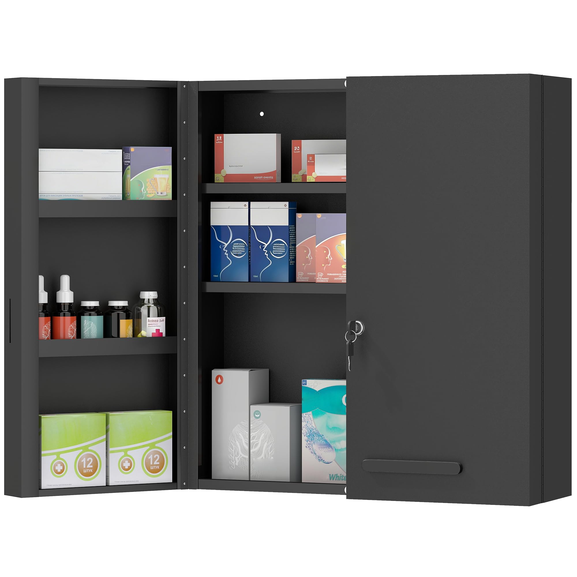 kleankin Armoire à Pharmacie Verrouillable 2 Portes 55x18x60cm Noir