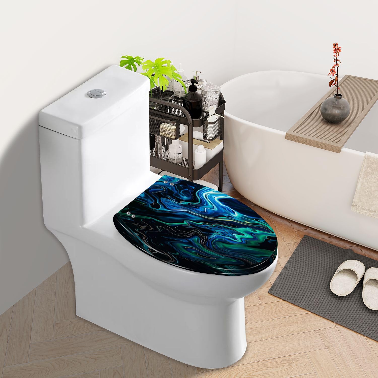 Elongated Toilet Seat Marble Green Abstract Texture Black Background Multi Colored Pattern Resin Toilet Seat Slow Quiet Close with Quick-Release Hinges Toilet Seat with Cover Easy to Clean Install