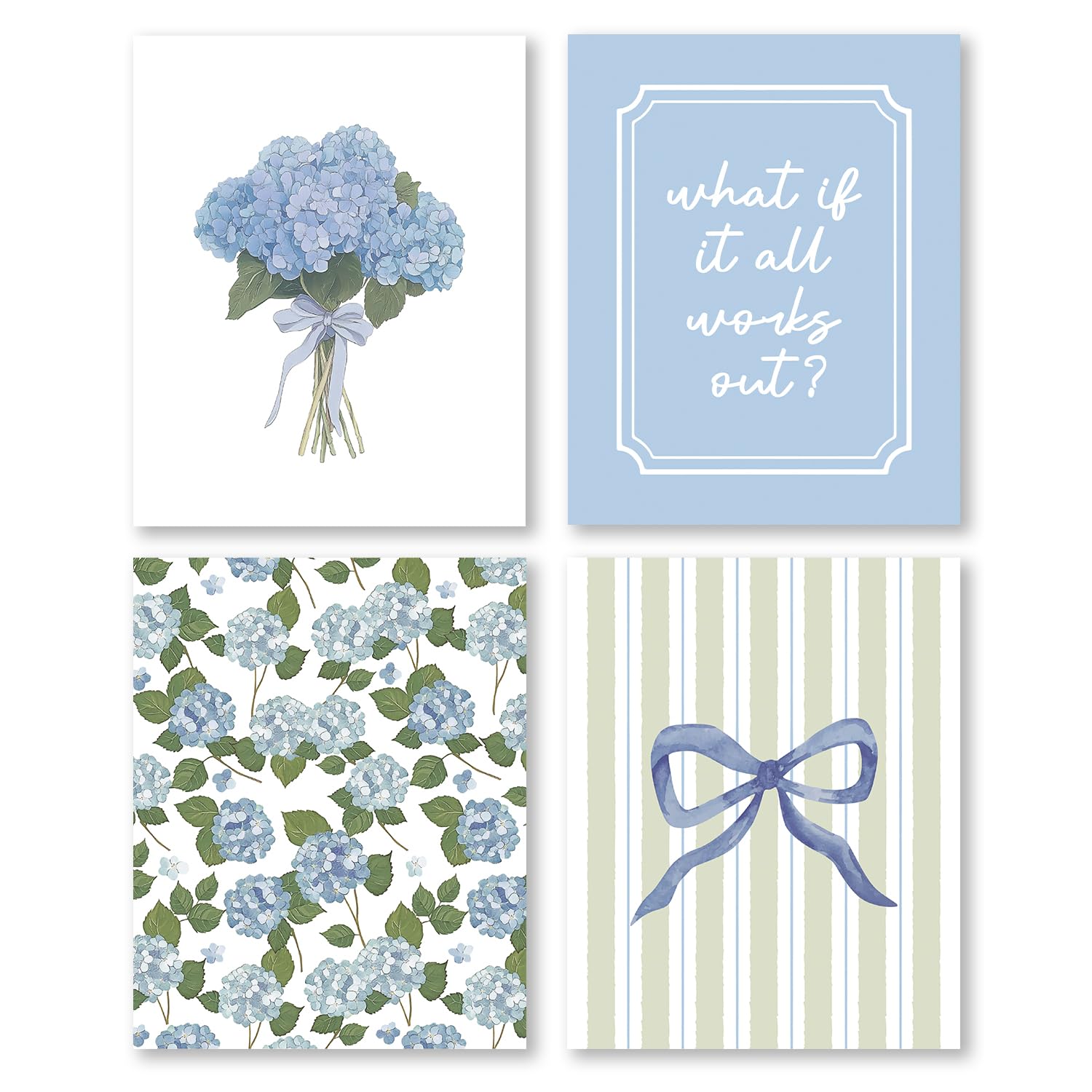 Pleonox Inspirational Coquette Blue Bow Hydrangea Floral Wall Art Prints 8x10 Inch Set of 4, Motivational Sage Green Striped Pictures Wall Decor for