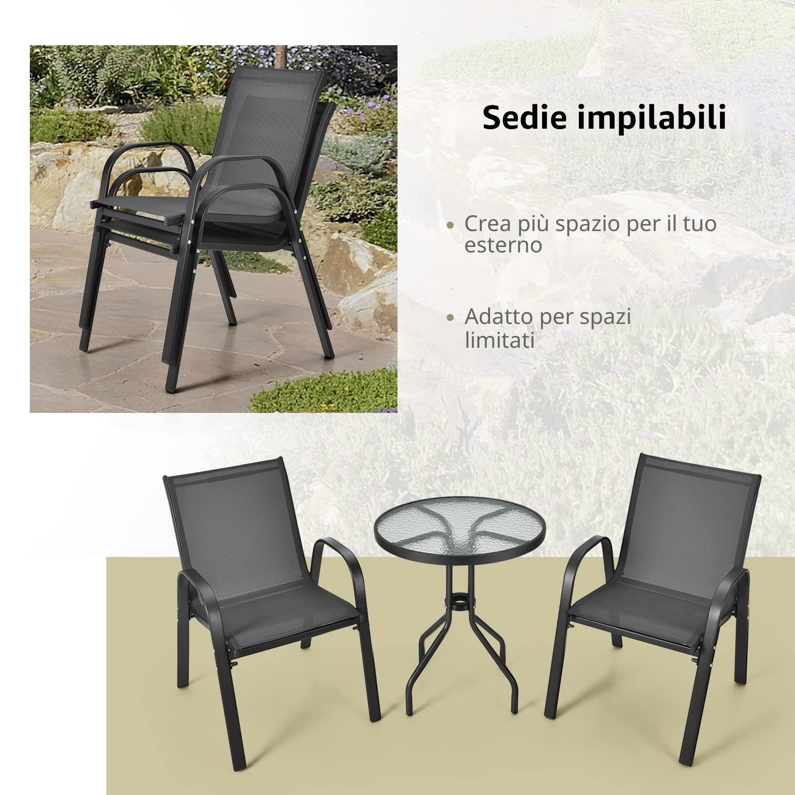 GIANTEX Set di 2 Sedie da Giardino con Tavolo in Vetro, Schienale Alto e Seduta Larga, Telaio in Acciaio Verniciato a Polvere, Tessuto Textilene Traspirante, per Balcone e Esterno (Nero)