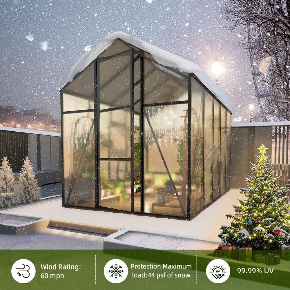 6*6*7.2FT Greenhouse for Outdoors,Polycarbonate Greenhouse with Stronger Wind Protection and Roof Vent,Walk-in Large Aluminum Sunroom Winter Proof,Black