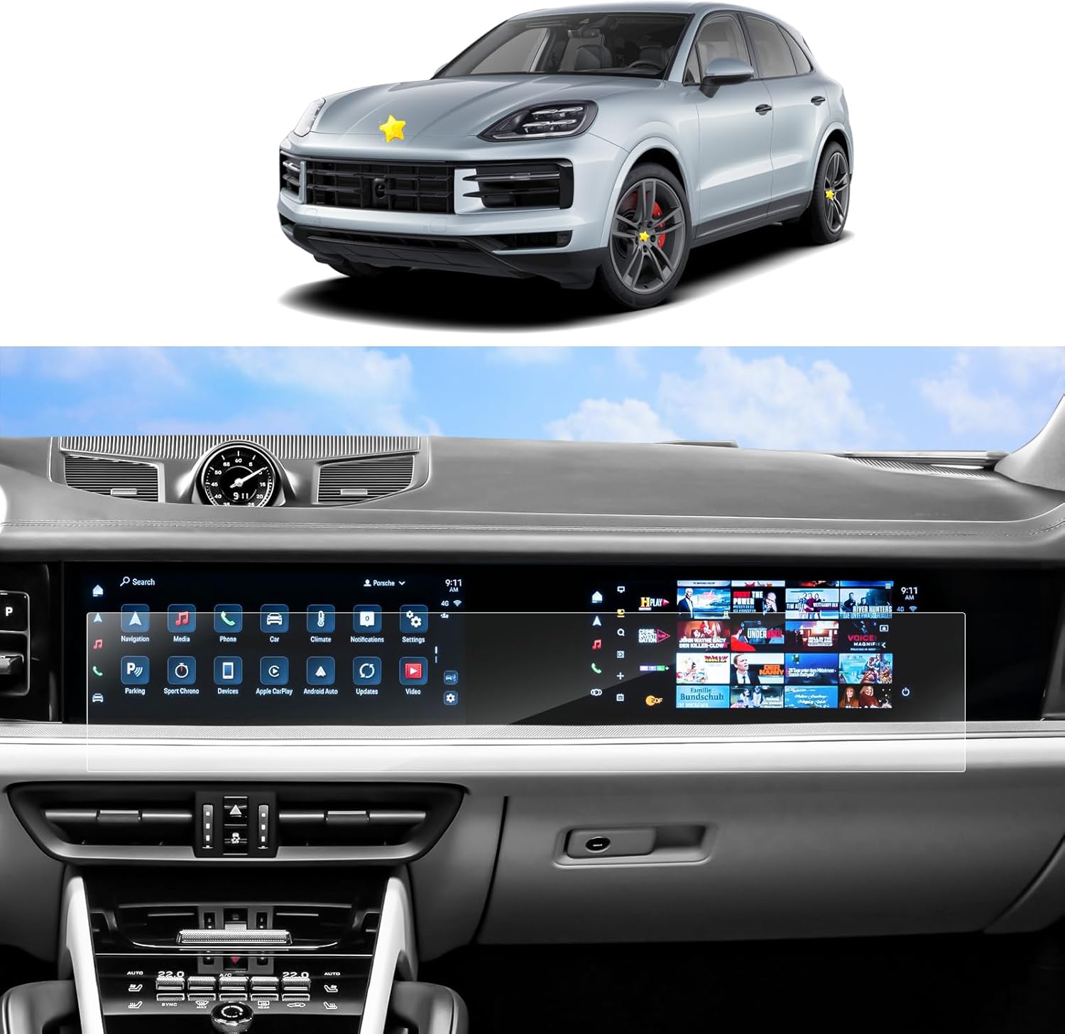 SKTU 2Pcs Cayenne Screen Protector for 2024 2025 2026 Porsche Cayenne 12.3In Central & 10.9In Front Passenger Screen 2024 2025 2026 Cayenne Accessories [Anti-Scratch&Glare, Ultra Clear]