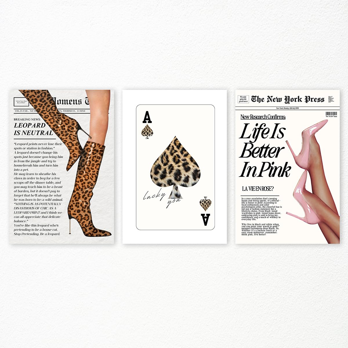 Sdgobvco Leopard Print Set Of 3 Trendy Leopard Canvas Wall Art, Vintage Newspaper Leopard Boots Print, Spades Cheetah Poker Lucky You Poster, Funky Pink High Heel Girly Bedroom Wall Decor 12X16in Unframed