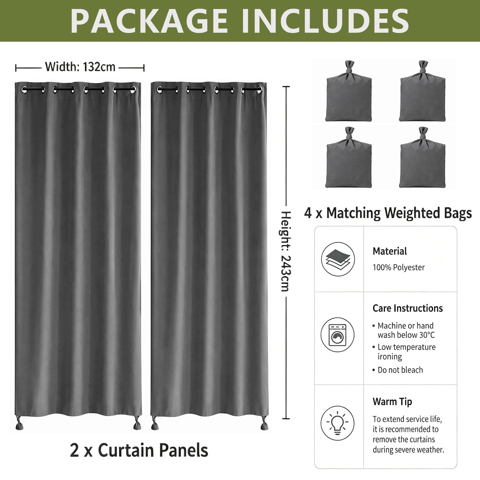 Outdoor Vorhang Wetterfest, Outdoorvorhänge mit Ösen und Gewichteten Säcken, für Pavillon Terrasse Pergola Balkon Garten, 2er Set, B 132 x H 243cm (Dunkelgrau)