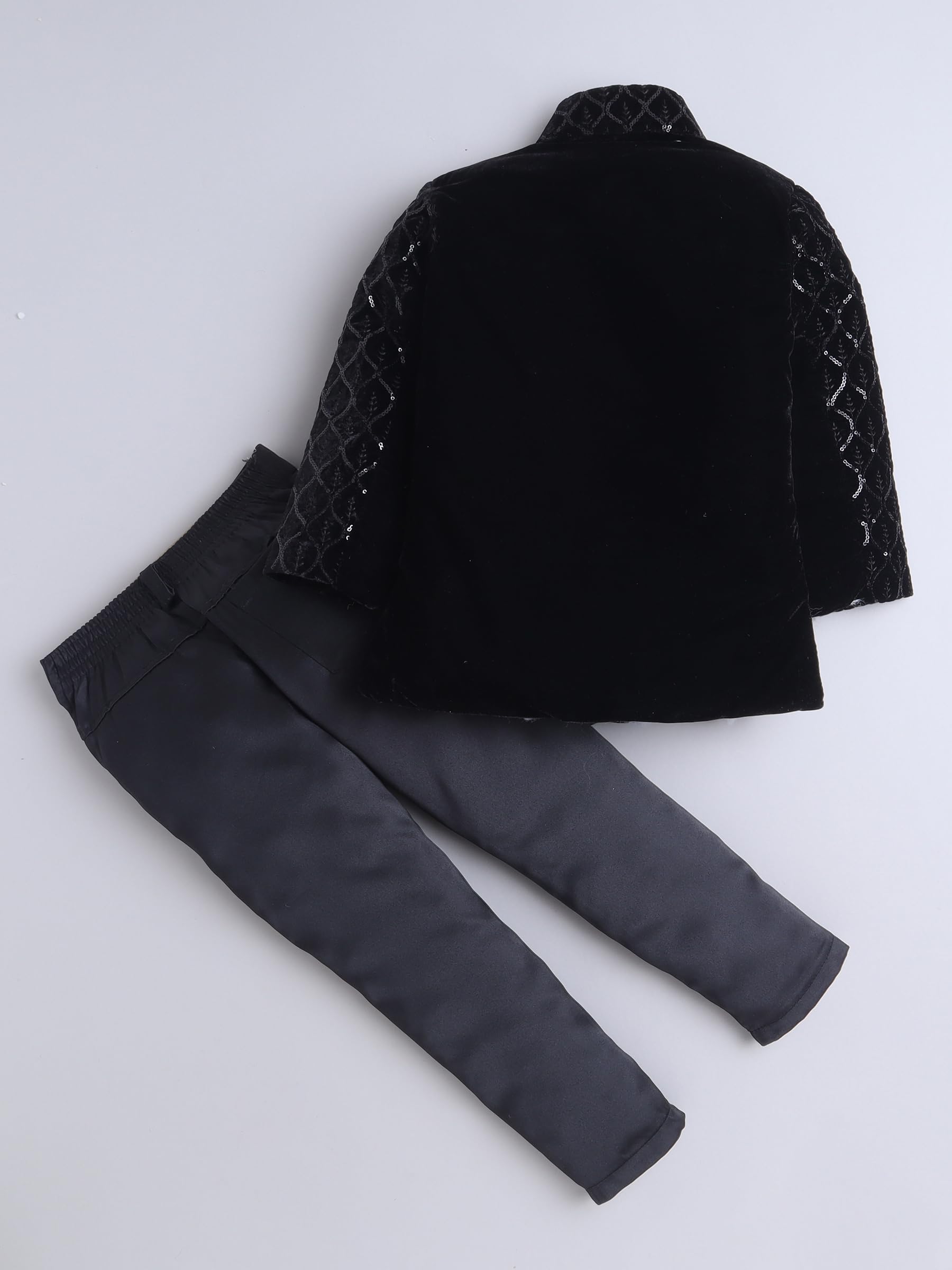 FOURFOLDS Boys Velvet Leaf Motifs Sequined Jodhpuri Blazer & Trouser Set- Black 1