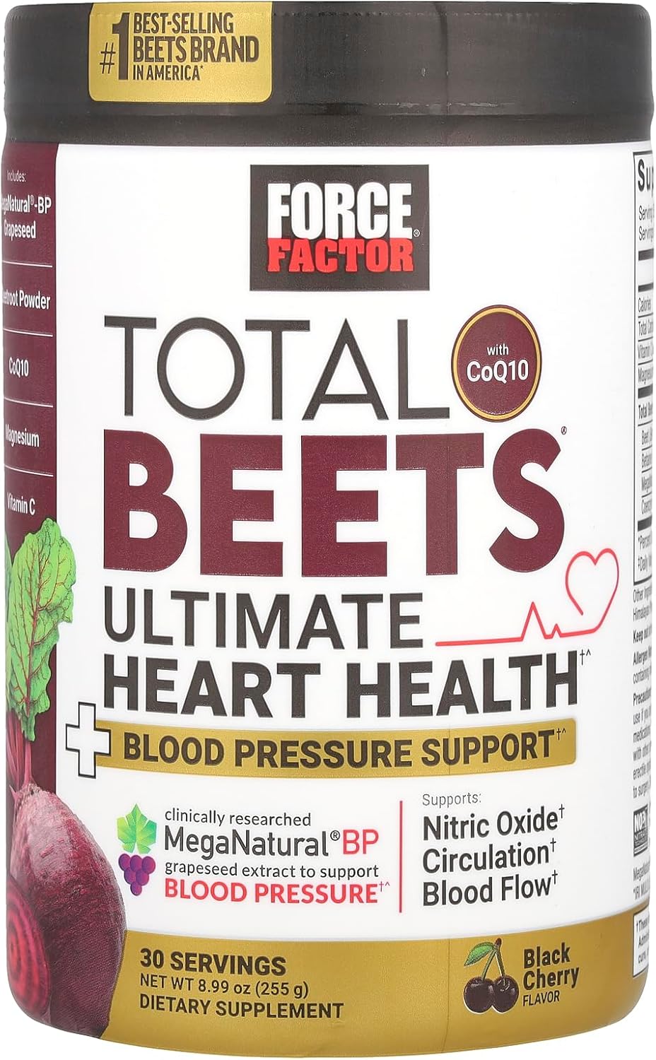 Force Factor Total Beets Ultimate Heart Health Blood Pressure Support with CoQ10, Beet Root Powder, Grape Seed Extract, Blood Pressure Supplement for Circulation, Black Cherry, 30 Servings