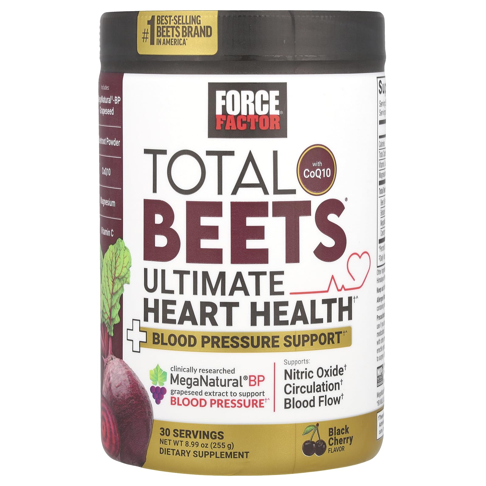Force Factor Total Beets Ultimate Heart Health Blood Pressure Support with CoQ10, Beet Root Powder, Grape Seed Extract, Blood Pressure Supplement for Circulation, Black Cherry, 30 Servings