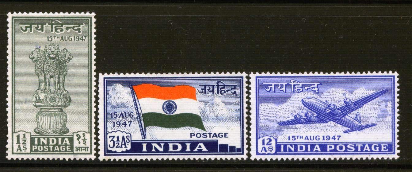 India First Stamps 1947 Complete Year Pack 3 Stamps Mint Hinged Perfect Condition, Multicolor