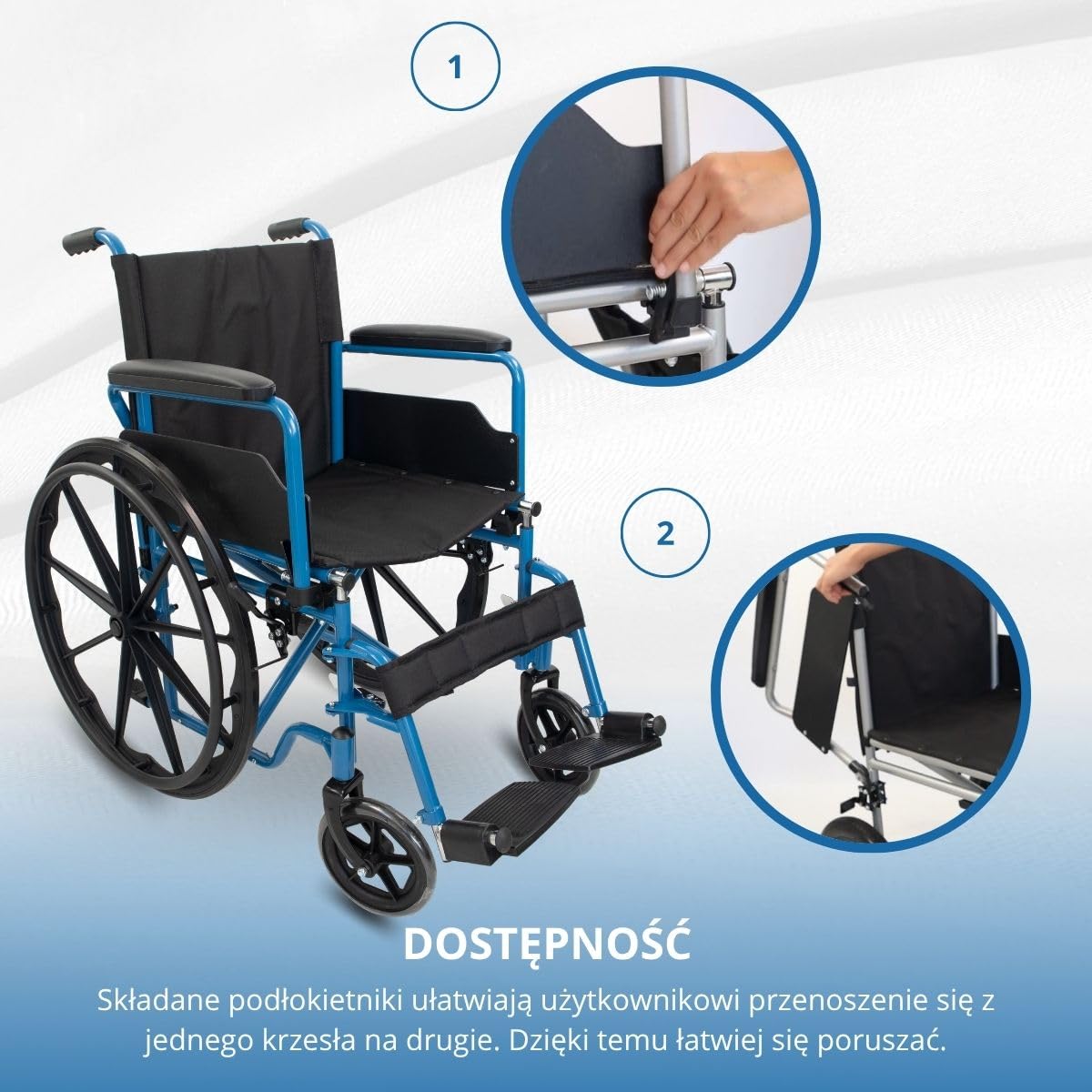 Mobiclinic®, Składany wózek inwalidzki, Marsella, Kółka z możliwością szybkiego zwolnienia po naciśęciu przycisku, Stabilny, Siedzisko 46 cm, Dźwignia hamulca, Niebieski