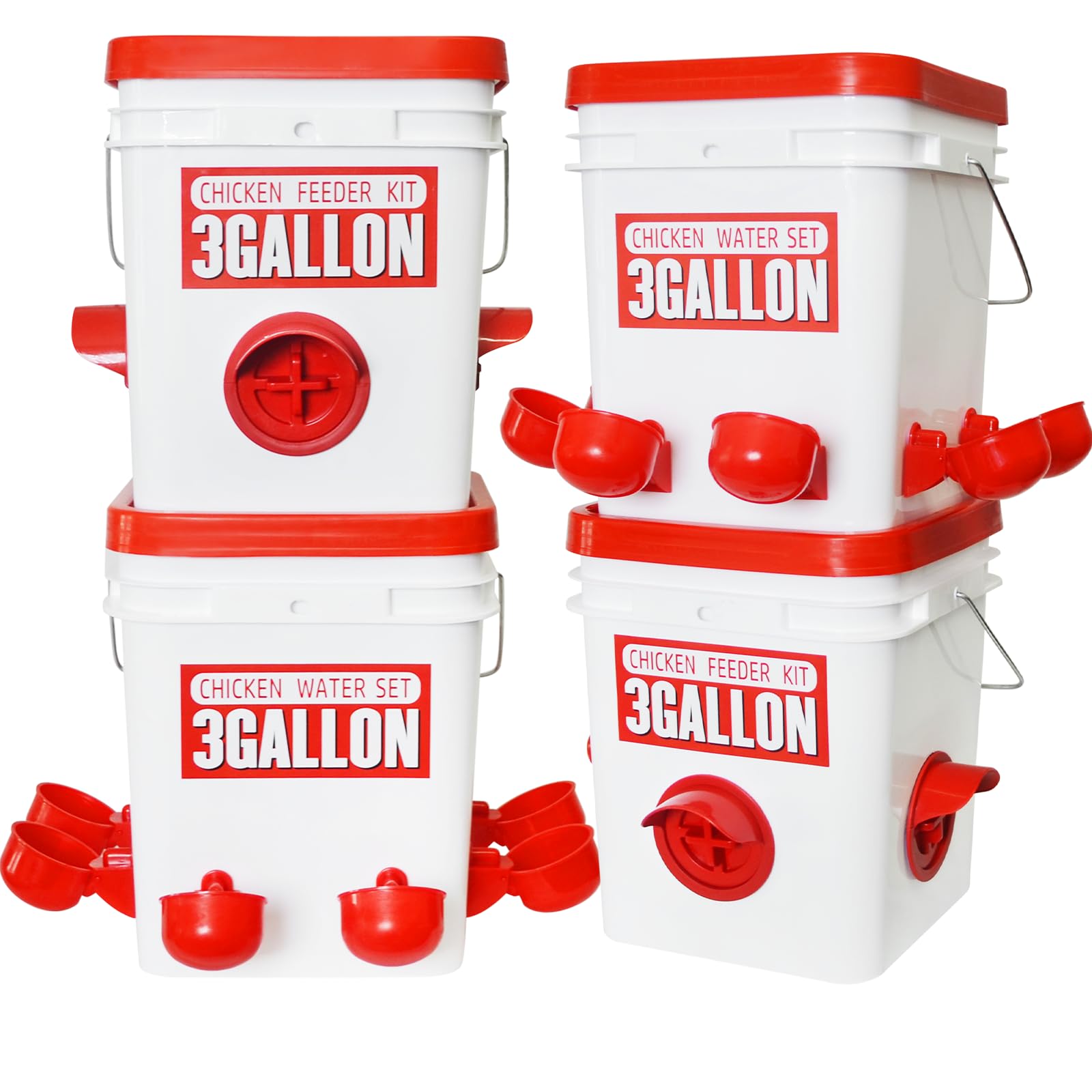 Chicken Waterer and Chicken Feeder, 4 Buckets, 26lb/3 Gallons Chicken Feeder and Waterer Set with hanging chicken coop accessories, Automatic Chicken Feeders and Waterers for 50-60 Adult Chickens.