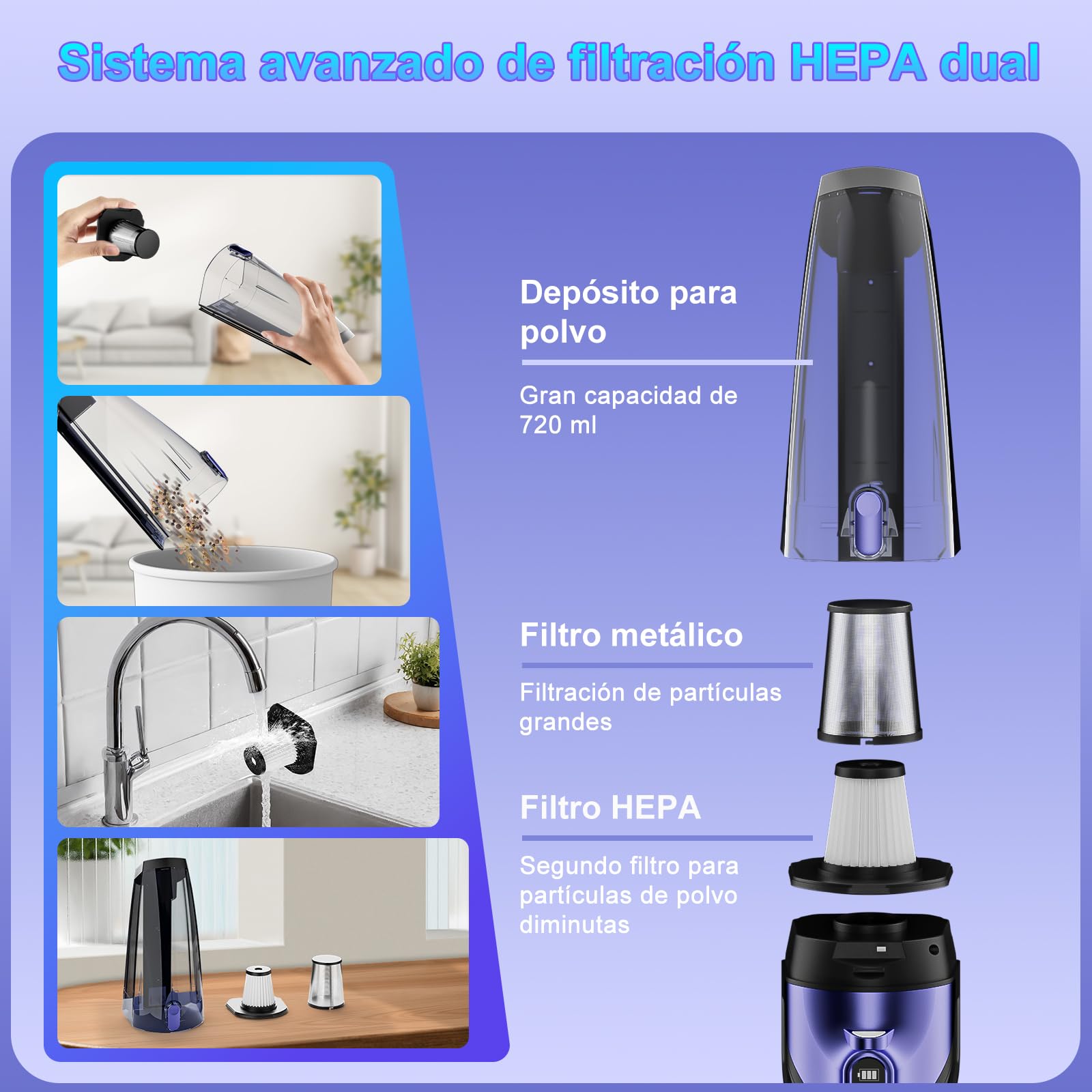 Aspiradora de Mano Sin Cable Potente 17000pa, Aspirador de Coche Batería Recargable USB Aspiradora Pelos Mascotas Mini Aspirador Portatil para Hogar y Coche