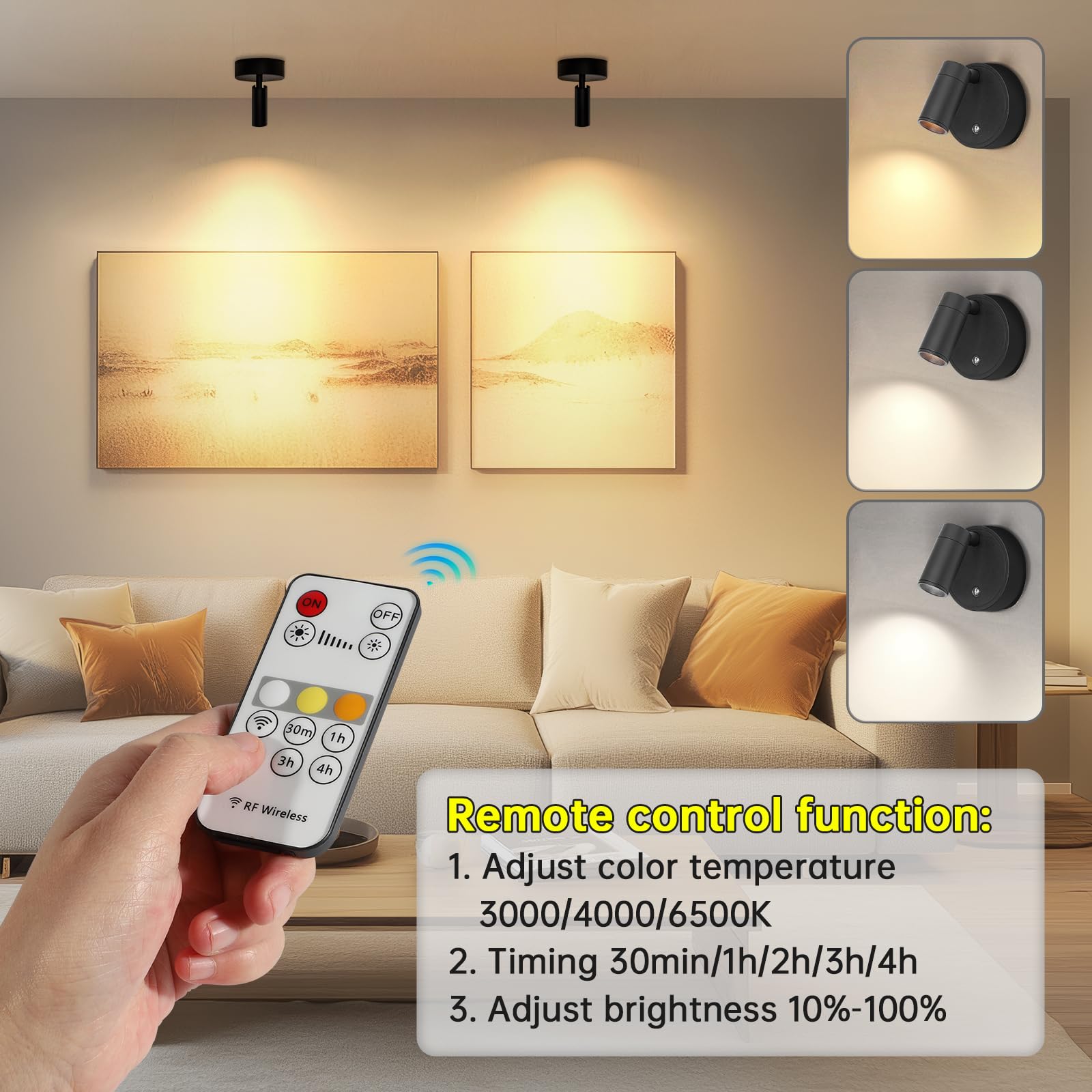 Kambo LED Lámpara de Pared Recargable 4000mAh, Aplique Foco Táctil y Control Remoto con Temporizador, Pequeños Foco Luz para Planta, Obras de Arte, Habitación, Estar, 2 Pieza