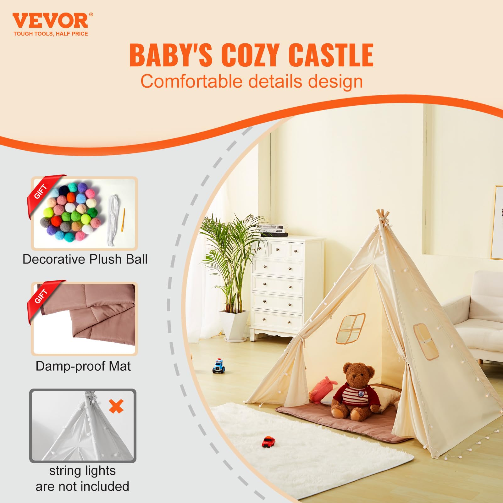 VEVOR Teepee Tent for Kids with Damp-Proof Mat & Decorative Balls, Durable Kids Play Tent Outdoor with 19mm Frame & Non-Slip Bottom, Toddler for Boys and Girls Aged 3+