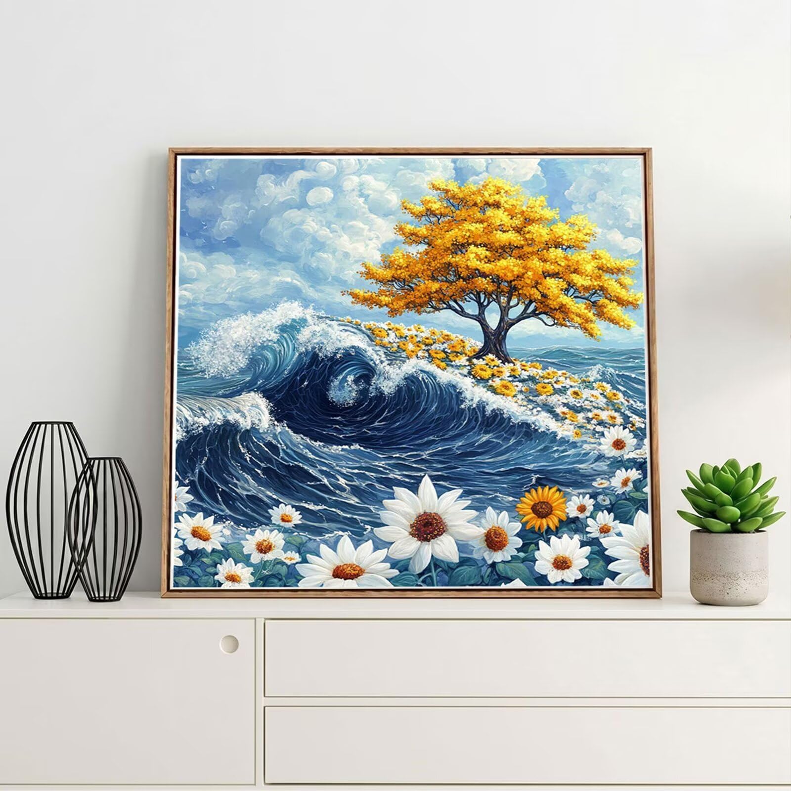 Broderie Diamant Kit Complet 5D, Fleur Diamond Painting Adulte Plein Foret, Peinture Diamant pour Enfant Débutant, Loisirs Créatifs de Détente et Décoration Maison, Vue sur la mer 100x100cm FX#601