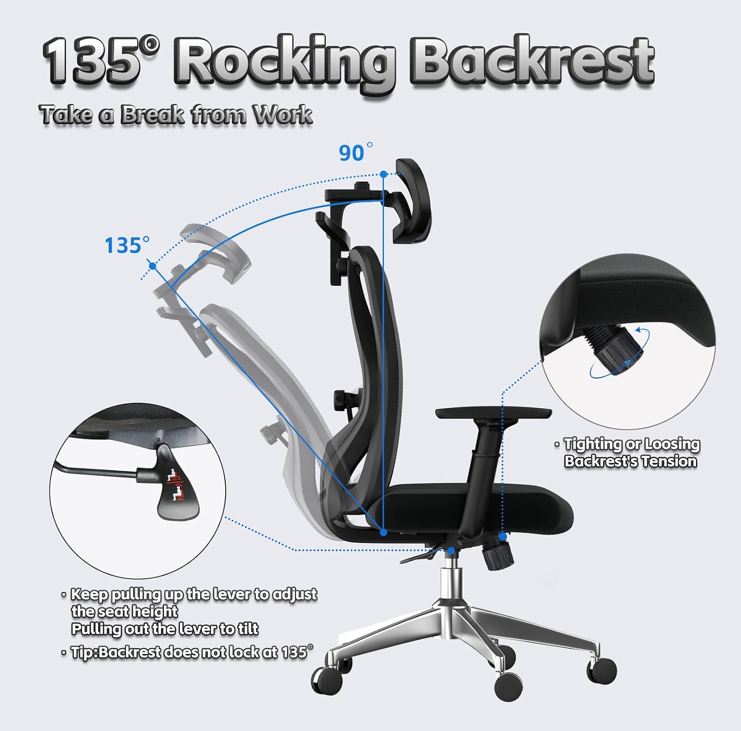 Diagram showing the 135 degree rocking backrest feature with levers for seat height and tension adjustment.