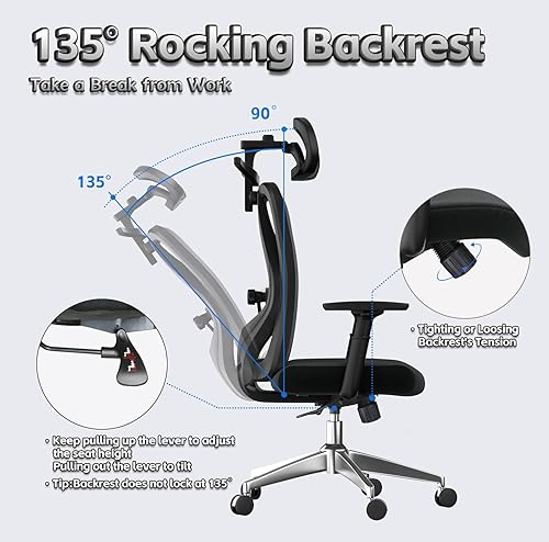 Miniatura 7 de naspaluro Silla de oficina ergonómica cómoda silla de escritorio con reposabrazos y reposacabezas ajustables 3D, soporte lumbar ajustable 2D,