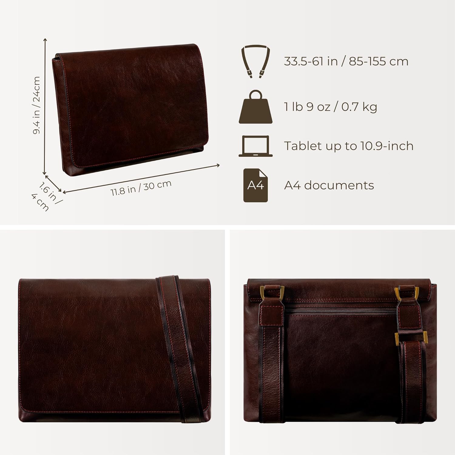 Time Resistance Leather Messenger Bag for Men - Crossbody Bag - Full Grain Leather - Tablet Sized Shoulder Bag - Image 4