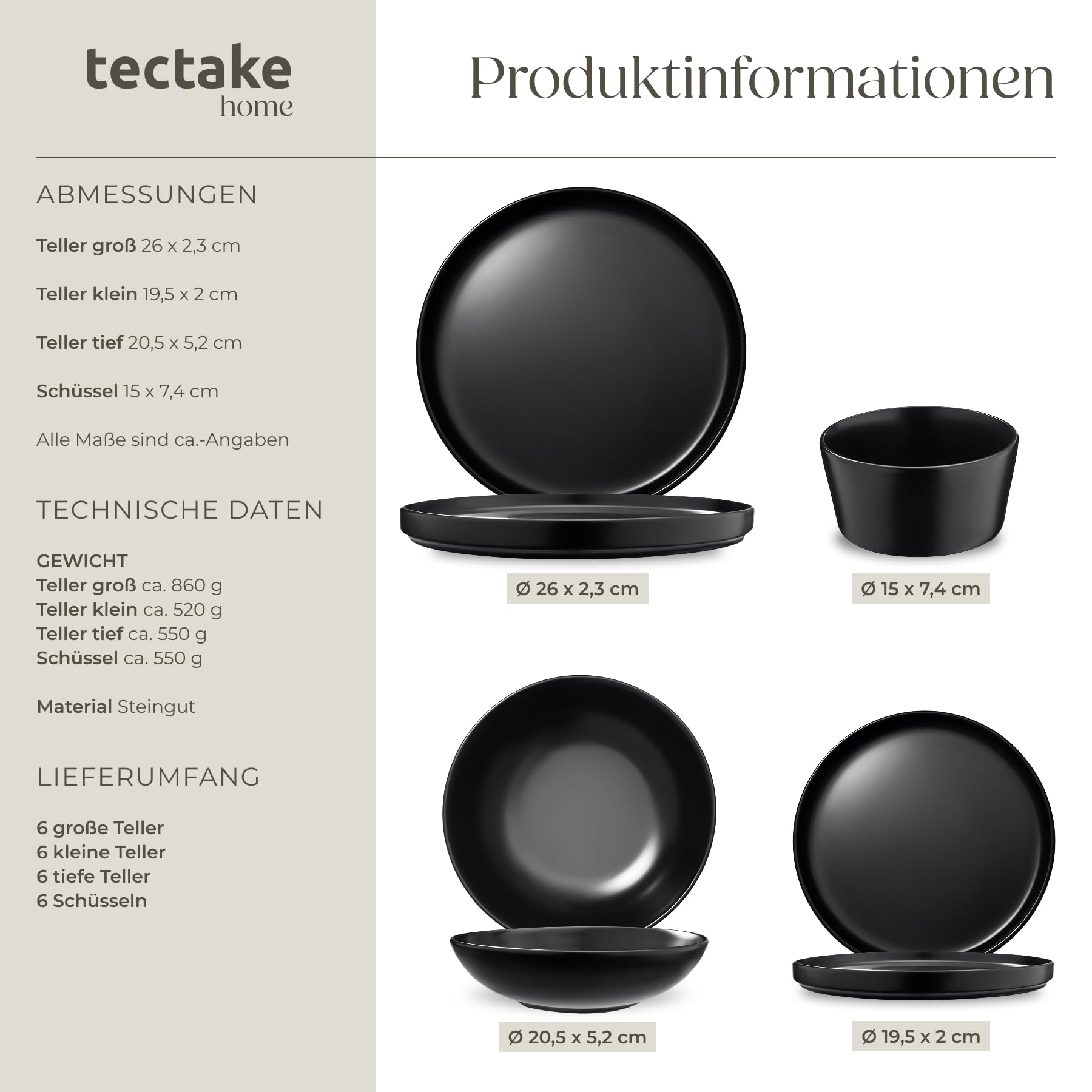 tectake® 41-tlg. Küchenstarterset, Steingut Geschirrset 6 Personen, Teller Set, 2x Kochtopf, 4x Bratpfanne mit Deckel, rostfrei, abnehmbare Griffe, induktionsgeeignet, inkl. Topfschoner - schwarz