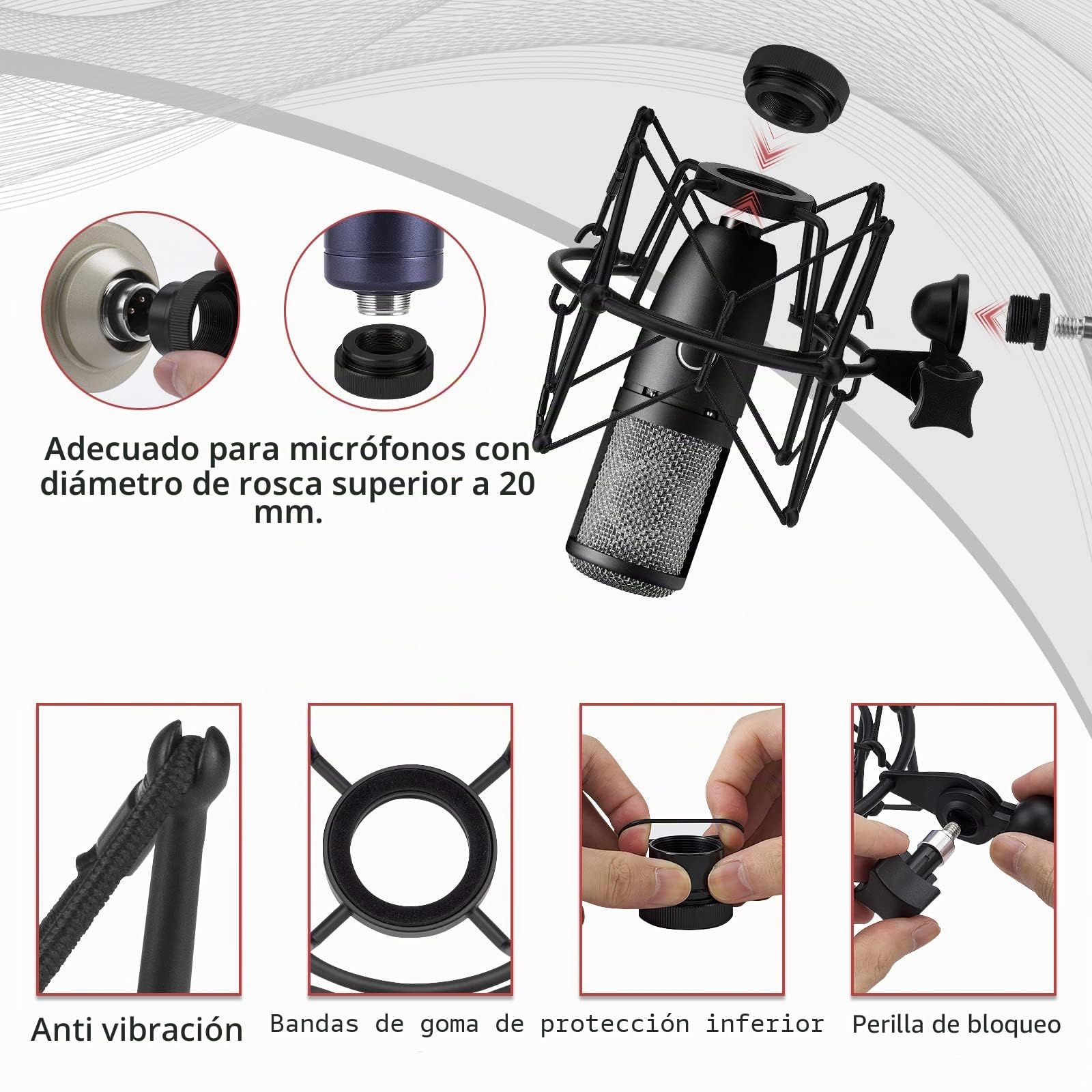 Geekria for Creators Soporte de choque para micrófono compatible con AKG P120, P220, P420, P820 Adaptador de suspensión antivibración Abrazadera Clip de soporte para micrófono (Negro/Metal)